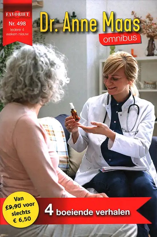 Dr. Anne Maas omnibus, nummer 498. Een dokter met stethoscoop geeft medicijn aan oudere vrouw.
