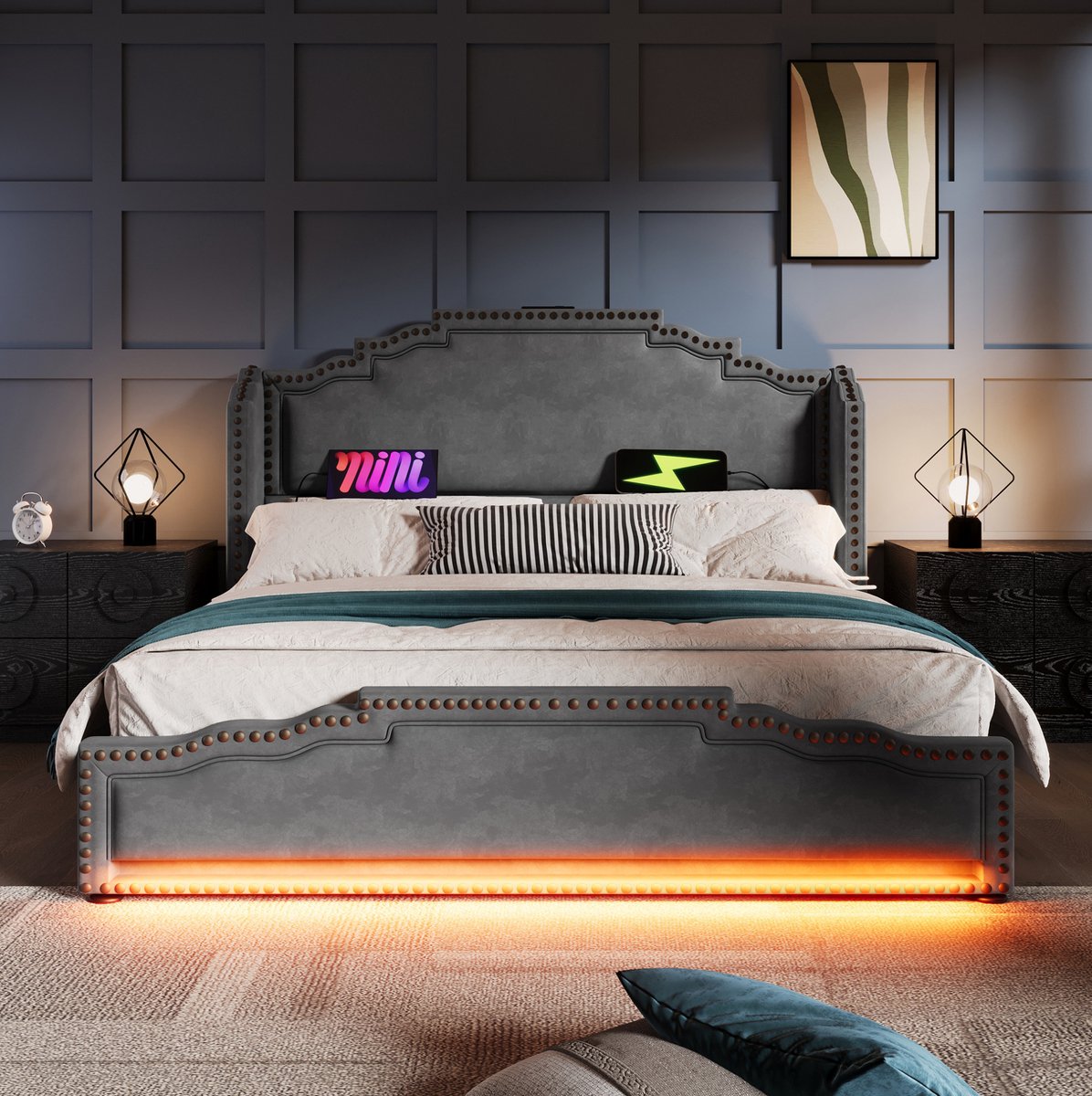 Wishdor Tweepersoonsbed 180x200 cm - Bedframe met 4 opberglades, LED-verlichting en USB-C, velours, lattenbodem, grijs, zonder matras