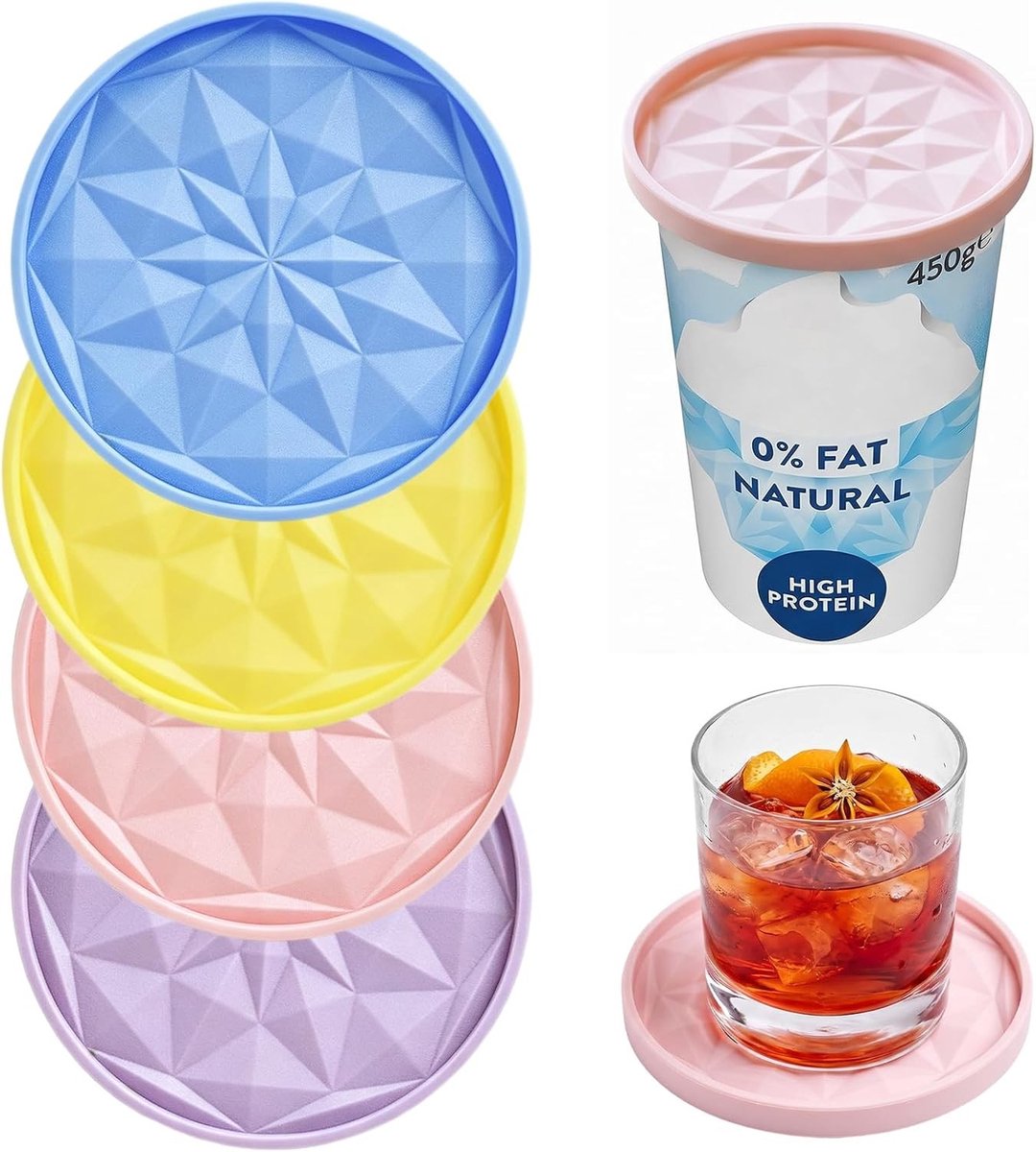 Set van 4 Herbruikbare Siliconen Deksel voor 500g Yoghurtpotten, Luchtdicht en Vaatwasserbestendig, BPA-vrij, Ø 10 cm, Ideaal voor Bewaren en Vershouden