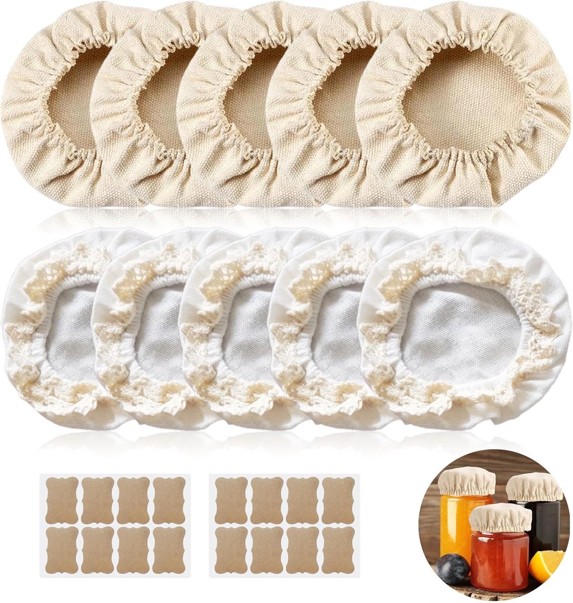 Herbruikbare katoenen dekens voor zuurdesemstarter, 10 stuks, elastische fermentatiepotdeksels met stickers voor potopeningen van 7,5-10,5 cm, ideaal voor thuis bakken en fermenteren