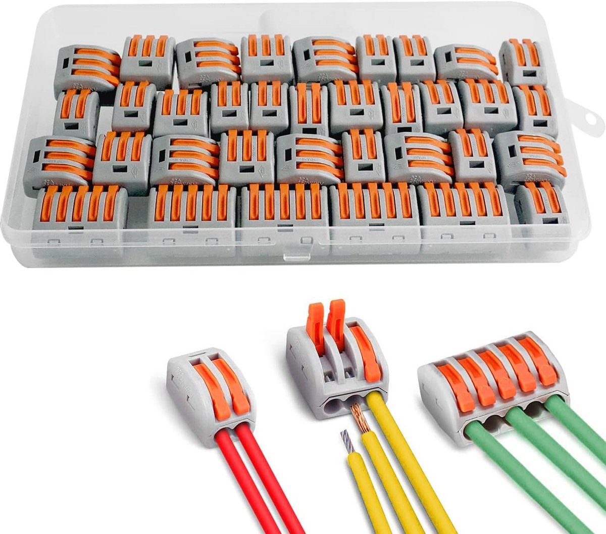 35-delige set elektrische connectoren met bedieningshendel, terminals voor solide, gestripte en flexibele draden, 12- en 15-invoeren