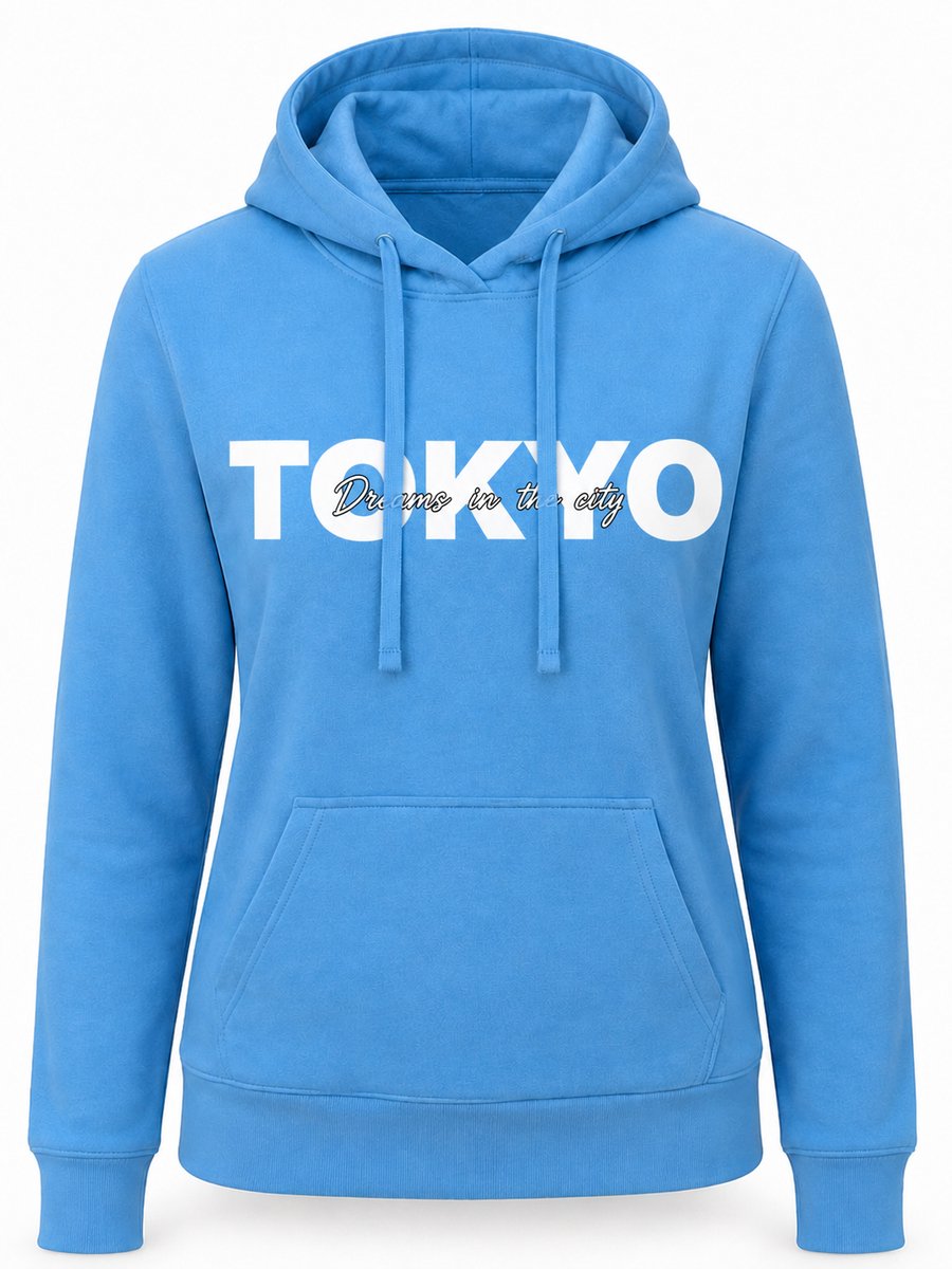 Trui Dames - Hoodie Dames met Tokyo Print - Hemelsblauw - Sweatshirt met Capuchon - Maat XL