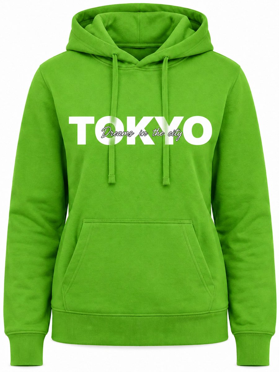 Trui Dames - Hoodie Dames met Tokyo Print - Limoengroen - Sweatshirt met Capuchon - Maat XXL