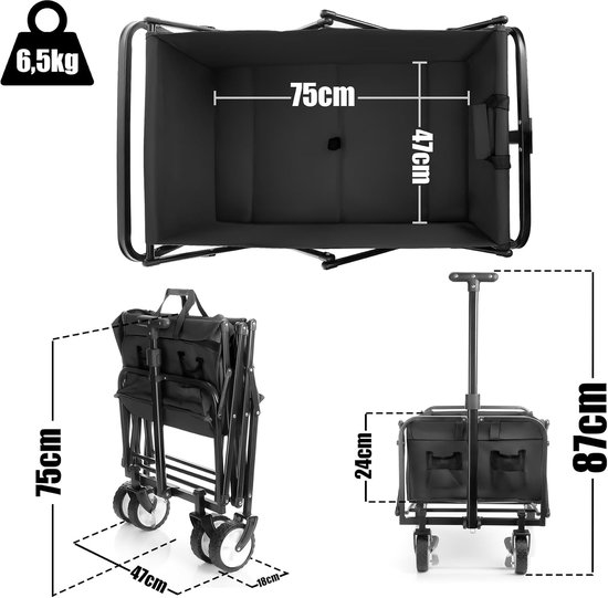 Opvouwbare Bolderkar - Transportkar - Uitstapjes Kamperen - Belastbaar 80 kg - 75 cm - Zwart — afbeelding 5