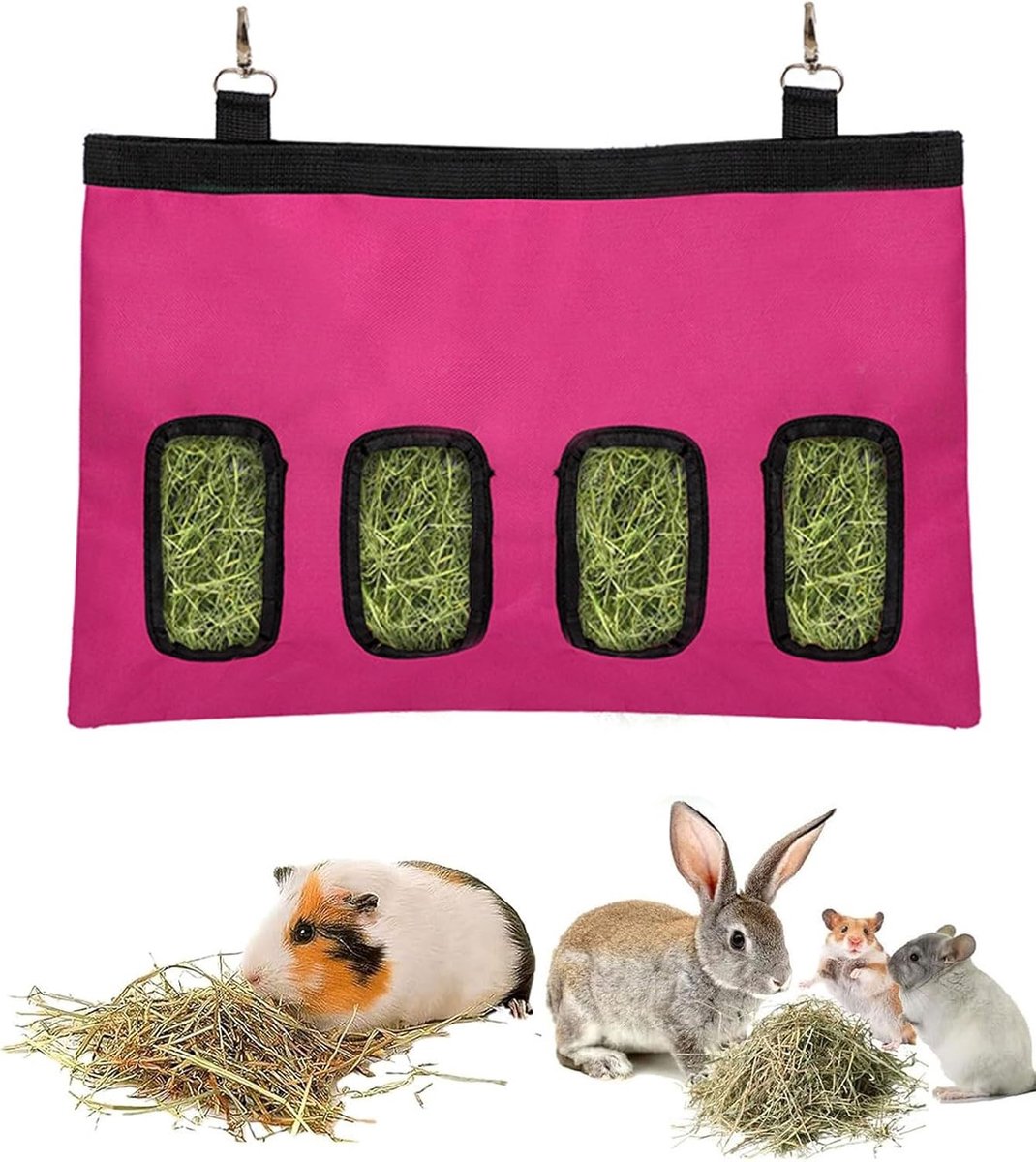 Hooitas voor kleine dieren, Hangende hooivoeder met 4 vensters, Ideaal voor konijnen en knaagdieren, Roze kleur