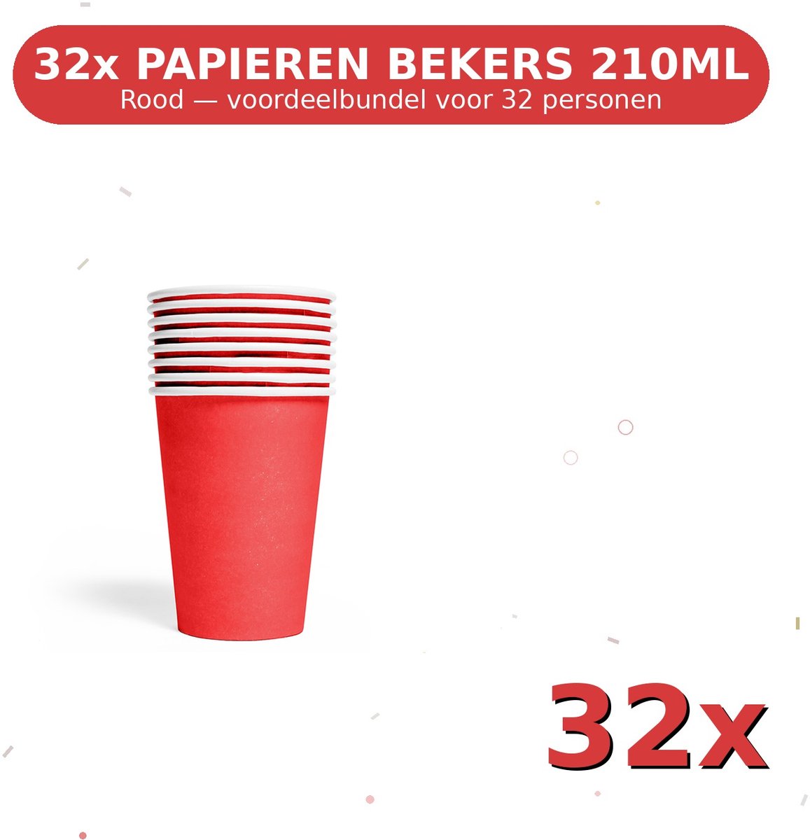 Bekers 210ml FSC Rood - Voordeelverpakking 32 Stuks voor tot 32 Personen - Feestartikelen