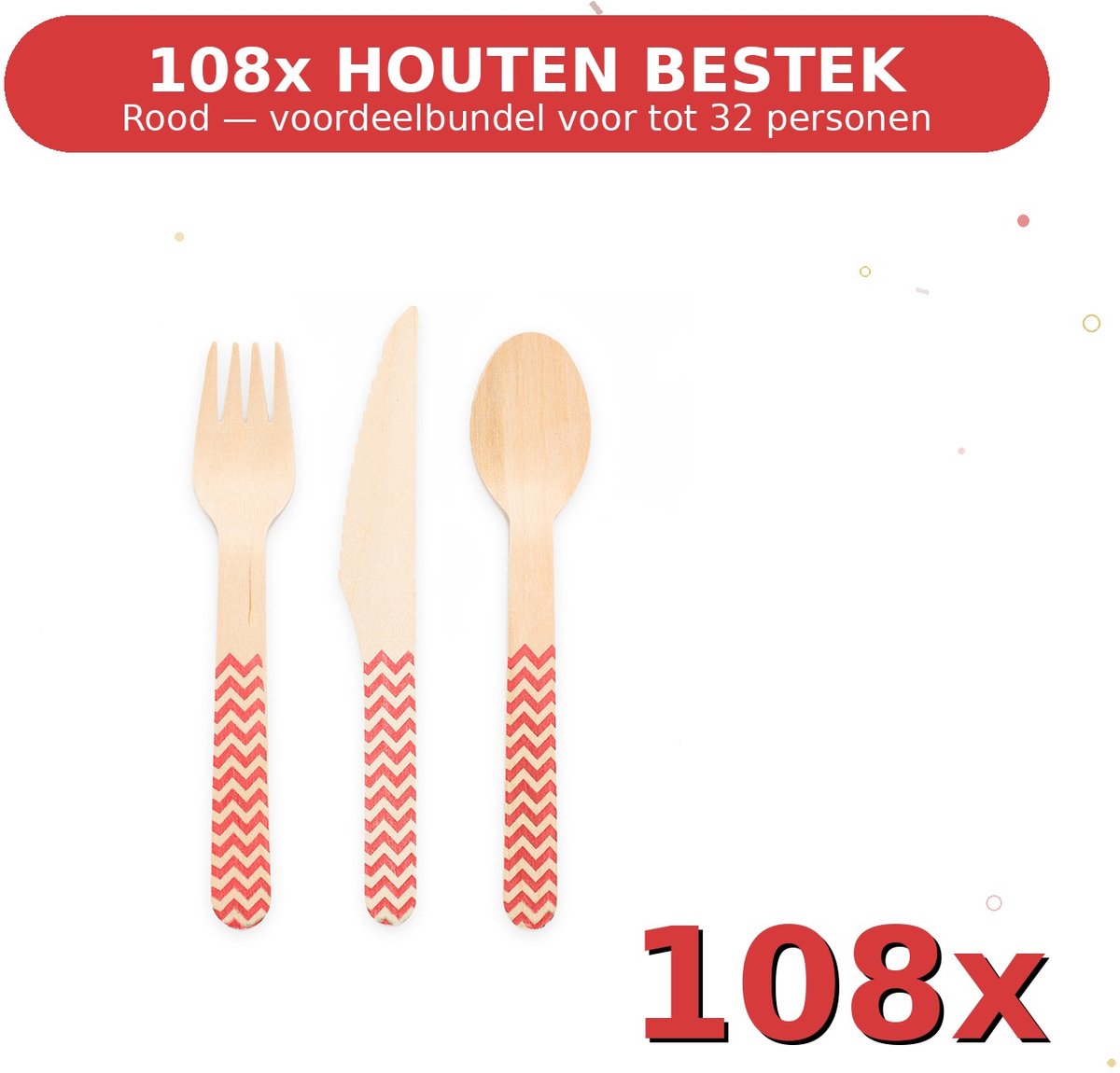Houten bestek FSC Rood - Voordeelverpakking 108 Stuks voor tot 32 Personen - Feestartikelen