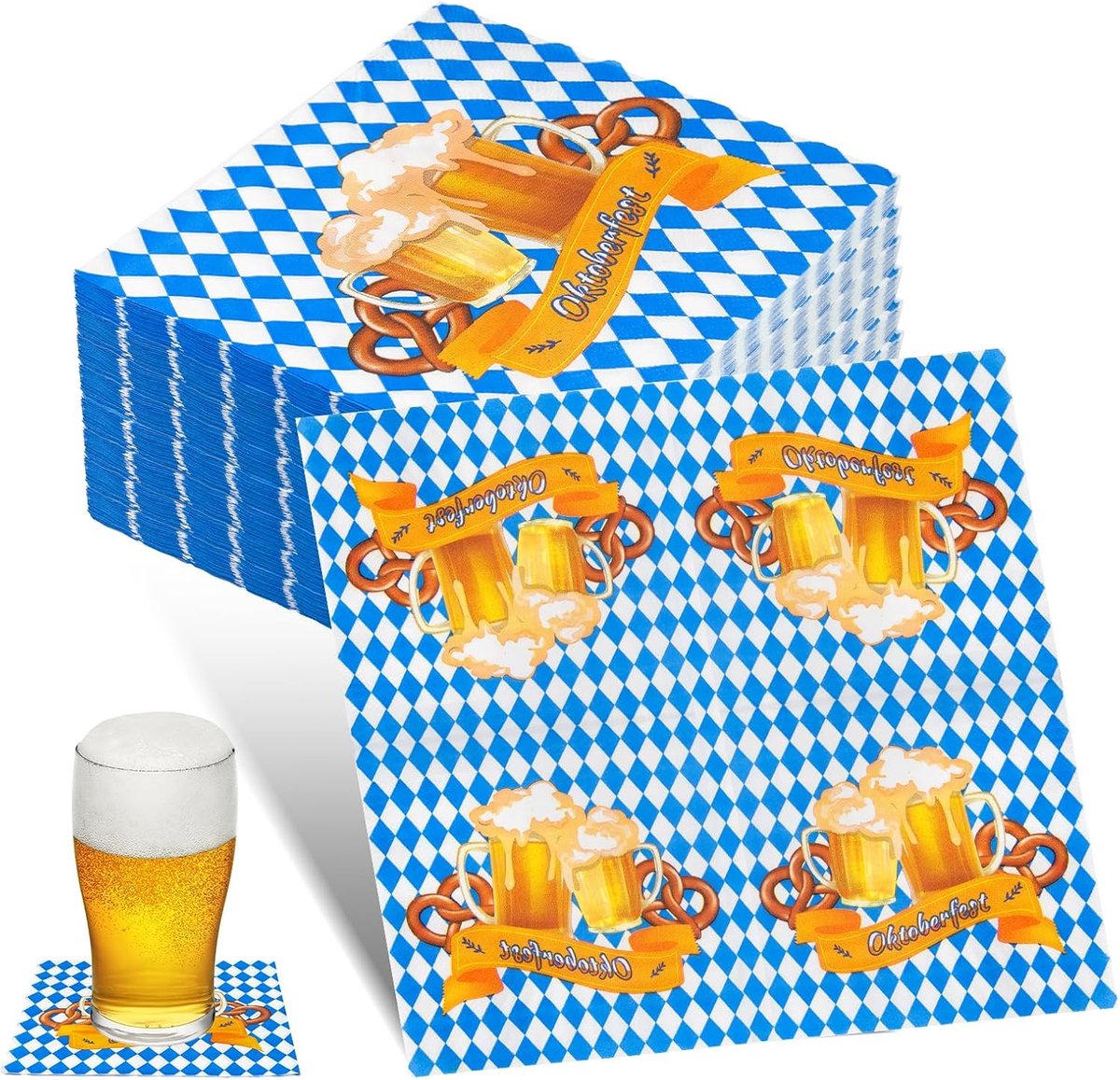 60 stuks servetten Oktoberfest-decoratie, 33 x 33 cm, Beierse servetten, blauw-wit, Oktoberfest, papieren servetten - ShopVlot