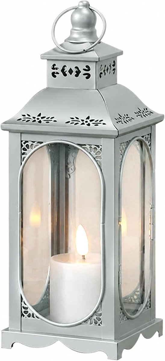 Lantaarn zilver voor kaarsen decoratie, 34 cm metaal buiten kandelaar - ShopVlot