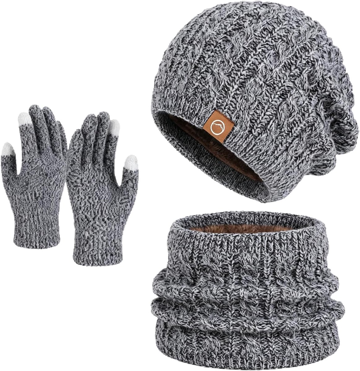 Tiakay Set van muts, sjaal, handschoenen voor de winter, uniseks, fleece, dikke snood, touchscreen-handschoenen voor - ShopVlot