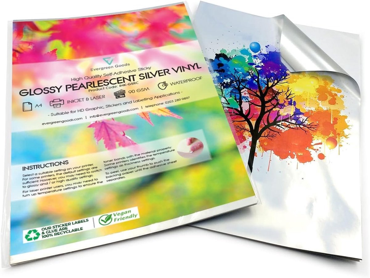 Evergreen Goods™ 20 Sheets A4 Waterproof Glossy Silver Sticker Vinyl - Inkjet & Laser Printable - ShopVlot