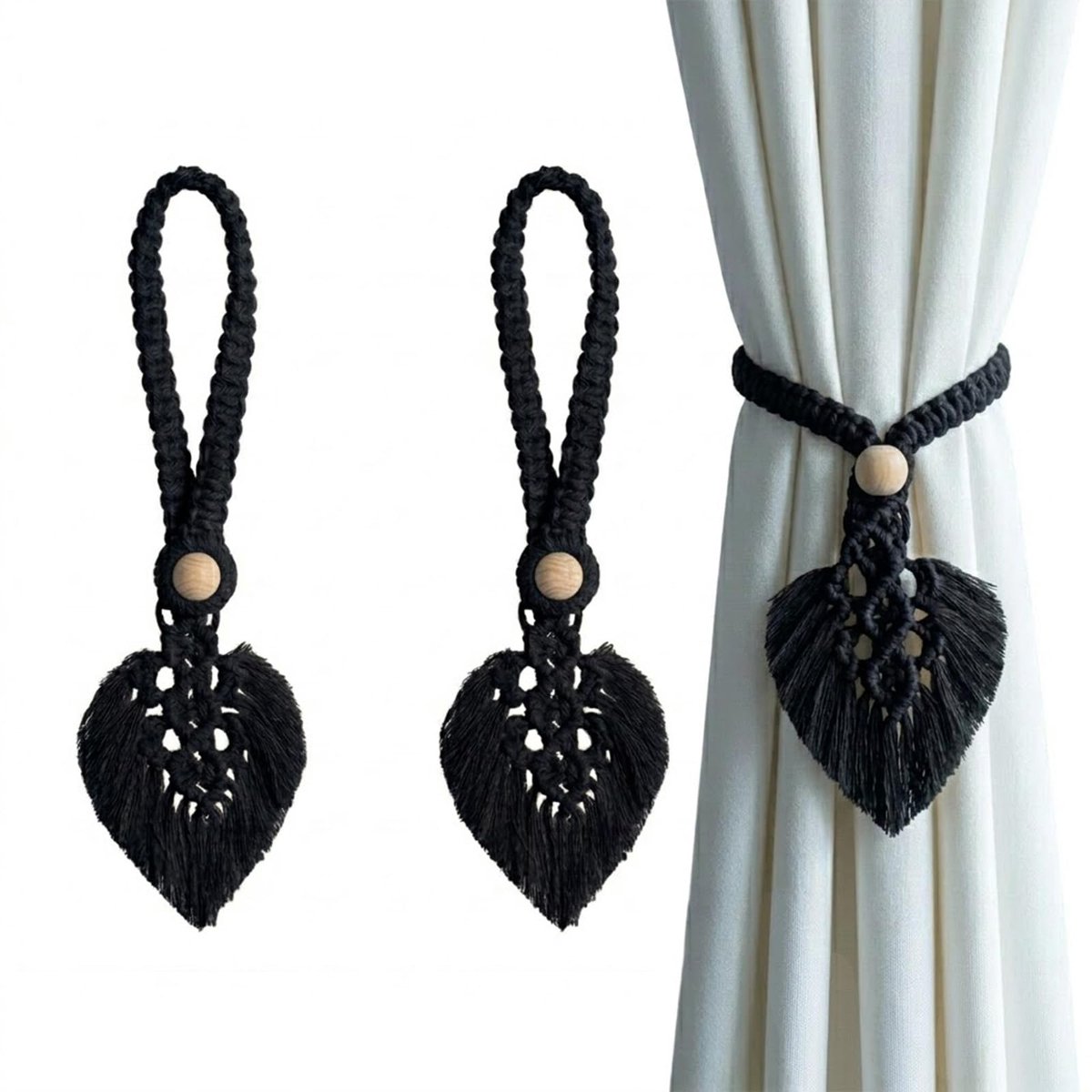 Boho gordijnkoord tie backs - handgebreid - verstelbare houten kralen - sfeervolle decoratie - ShopVlot