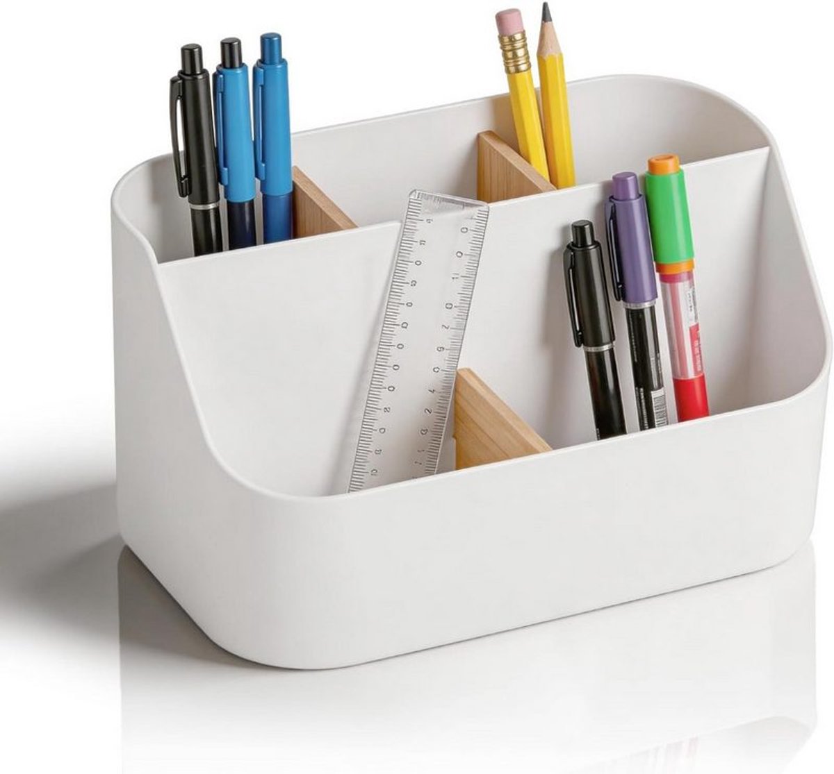 Bureau-organizer met vijf vakken en pennenhouder, kantoorartikelen, wit