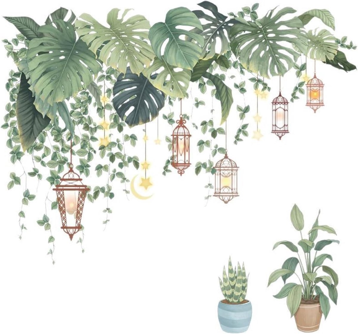 Haobase Zelfklevende plantenmuurstickers - grote groene bladeren muurstickers tropische plant bladeren muursticker voor woonkamer slaapkamer kantoor woondecoratie doe-het-zelf (SY03)