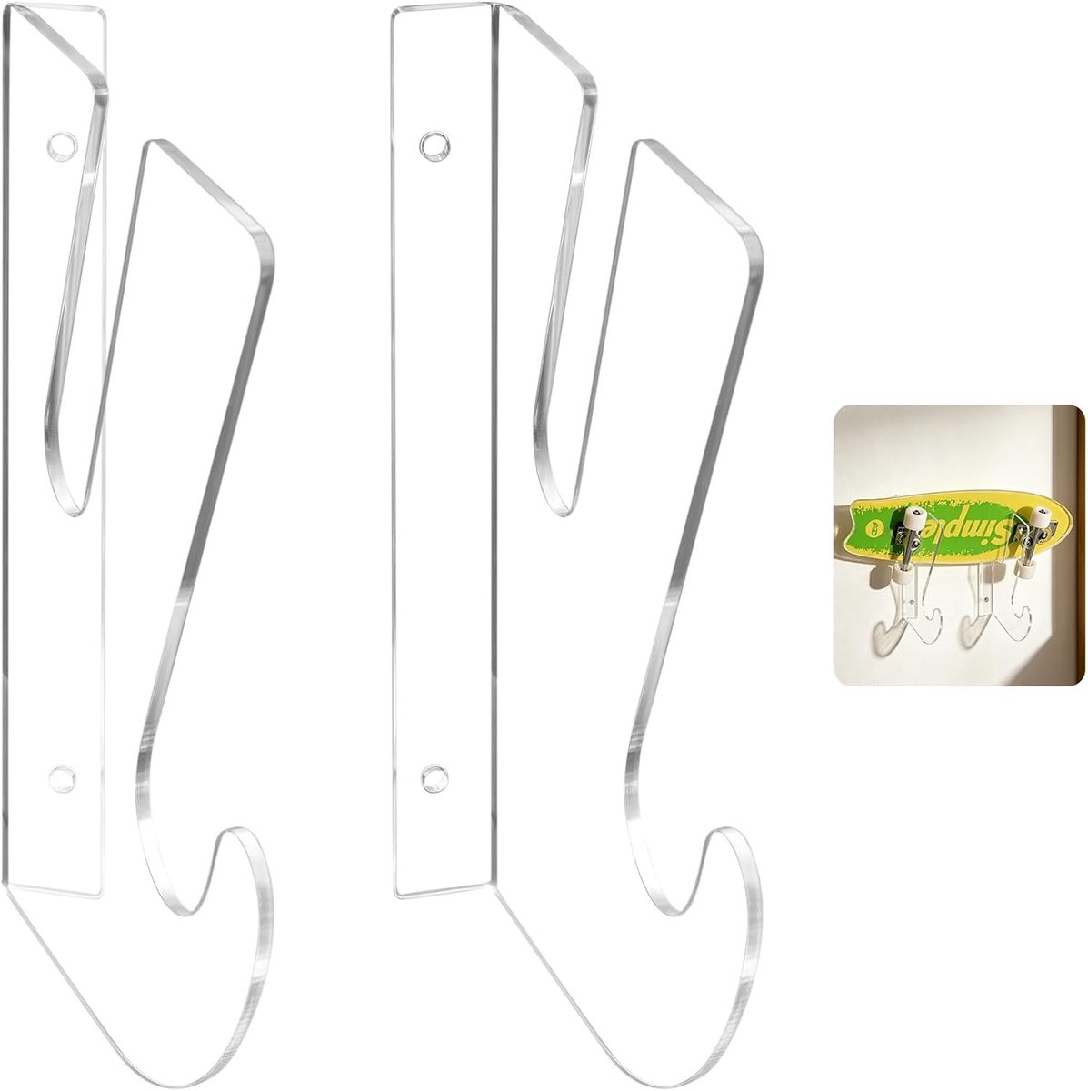 Acryl Skateboard Wandbeugel voor Longboard, Snowboard, Surfskate en Ski - Ruimtebesparende Display met Opslaghaken en Inclusief Bevestigingsmateriaal