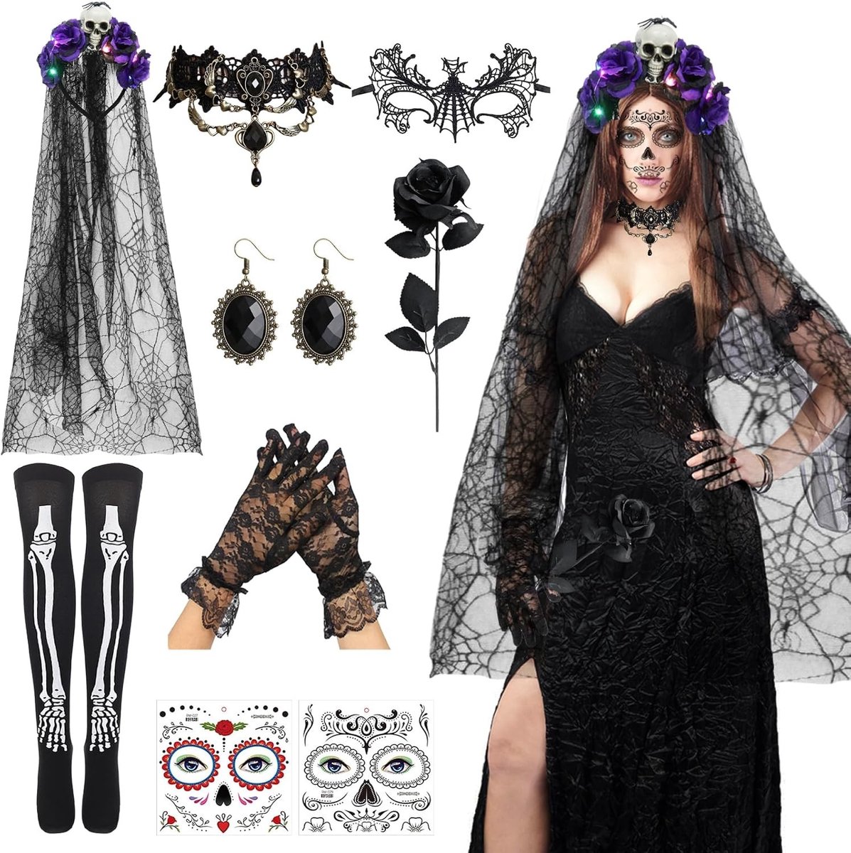 Dames Halloween Kostuum met LED Dia De Los Muertos Hoofdband en Sluiers, Inclusief Gezichtstatoeages en Kanten Handschoenen, Perfecte Accessoires voor een Spookachtige Look