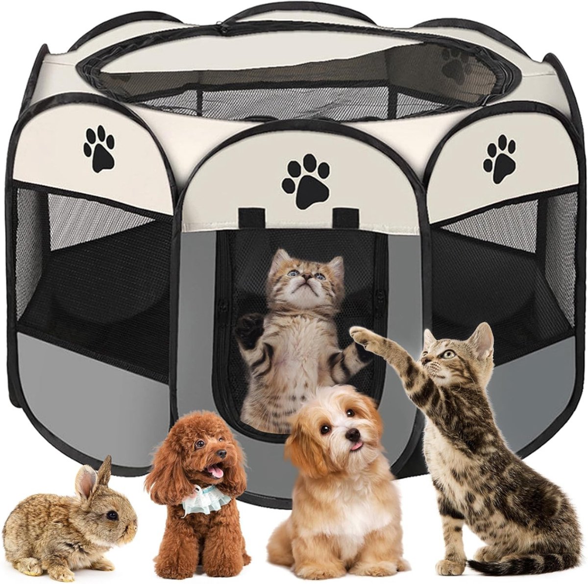 Allvia® Kattenren - Kattenren Buiten - Hondenren - 360° Open Ontwerp - Opvouwbaar - Draagbaar - Wasbaar - Grijs - 74cm x 43cm x 74cm