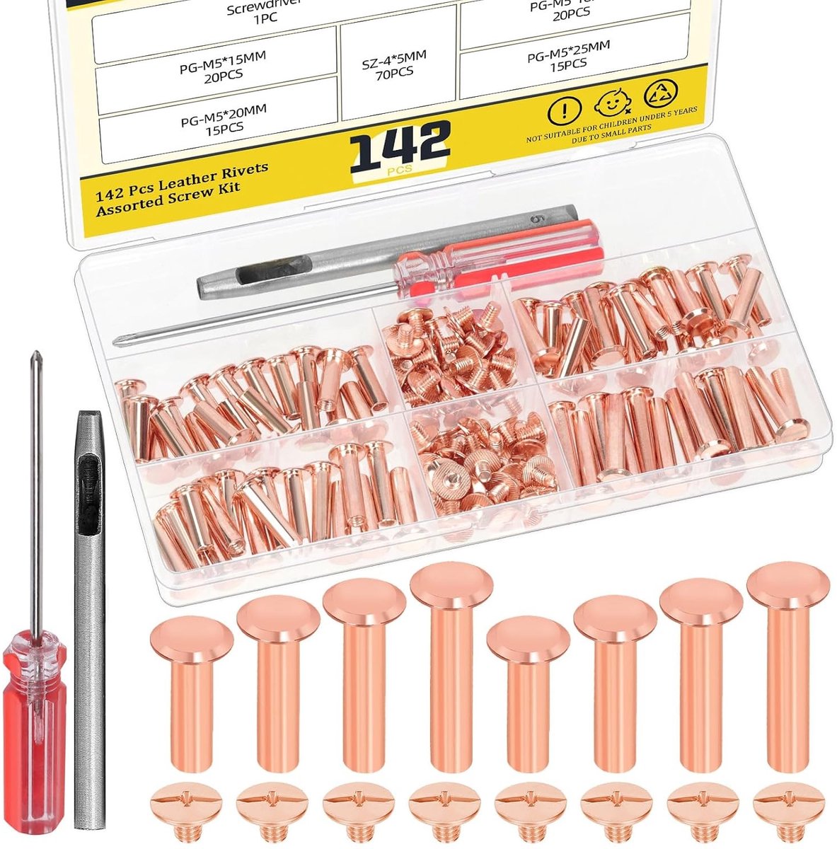 Ronde Rose Gouden Chicago Screws 70 Sets M5 x 0.591/0.709/0.787/25 mm voor Lederen Projecten, Rivets, Handwerk, Tas, Schoenen en Riemen