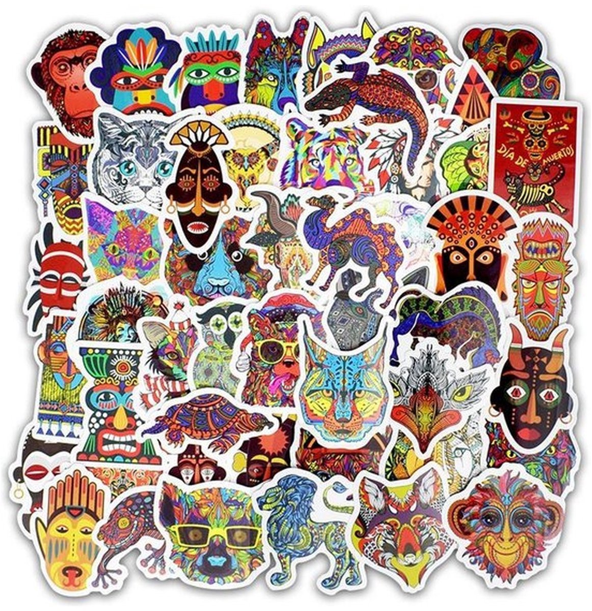 50 Totem & Masker Stickers – Kleurrijke Dieren & Decoratieve Motieven