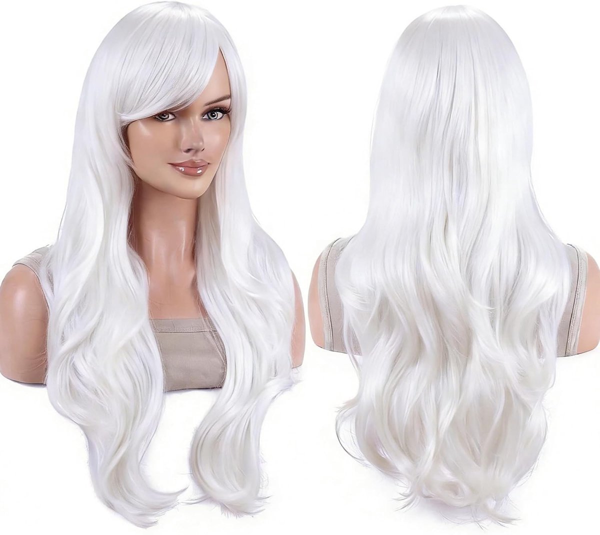 70 cm Lange Watergolvende Haarperuc met Pony voor Cosplay en Feestkostuum (Wit)