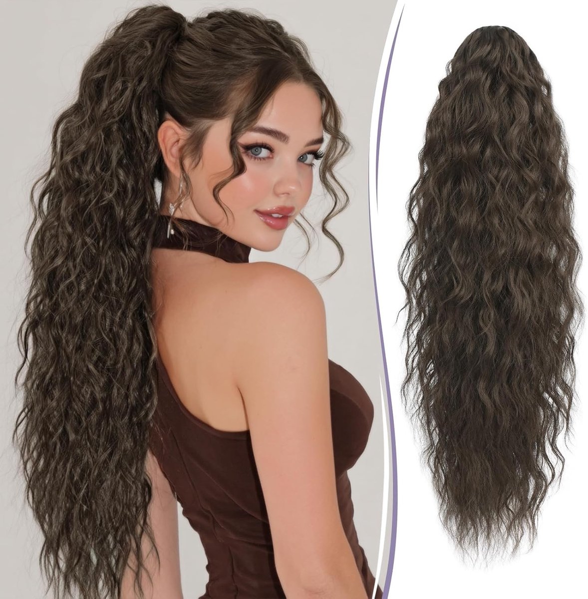 30 Inch Lange Golvende Krullende Haarextensions met Klem, Synthetisch Haar, Clip-in Ponytail en Vlecht voor Vrouwen, Natuurlijk Bruin Haar