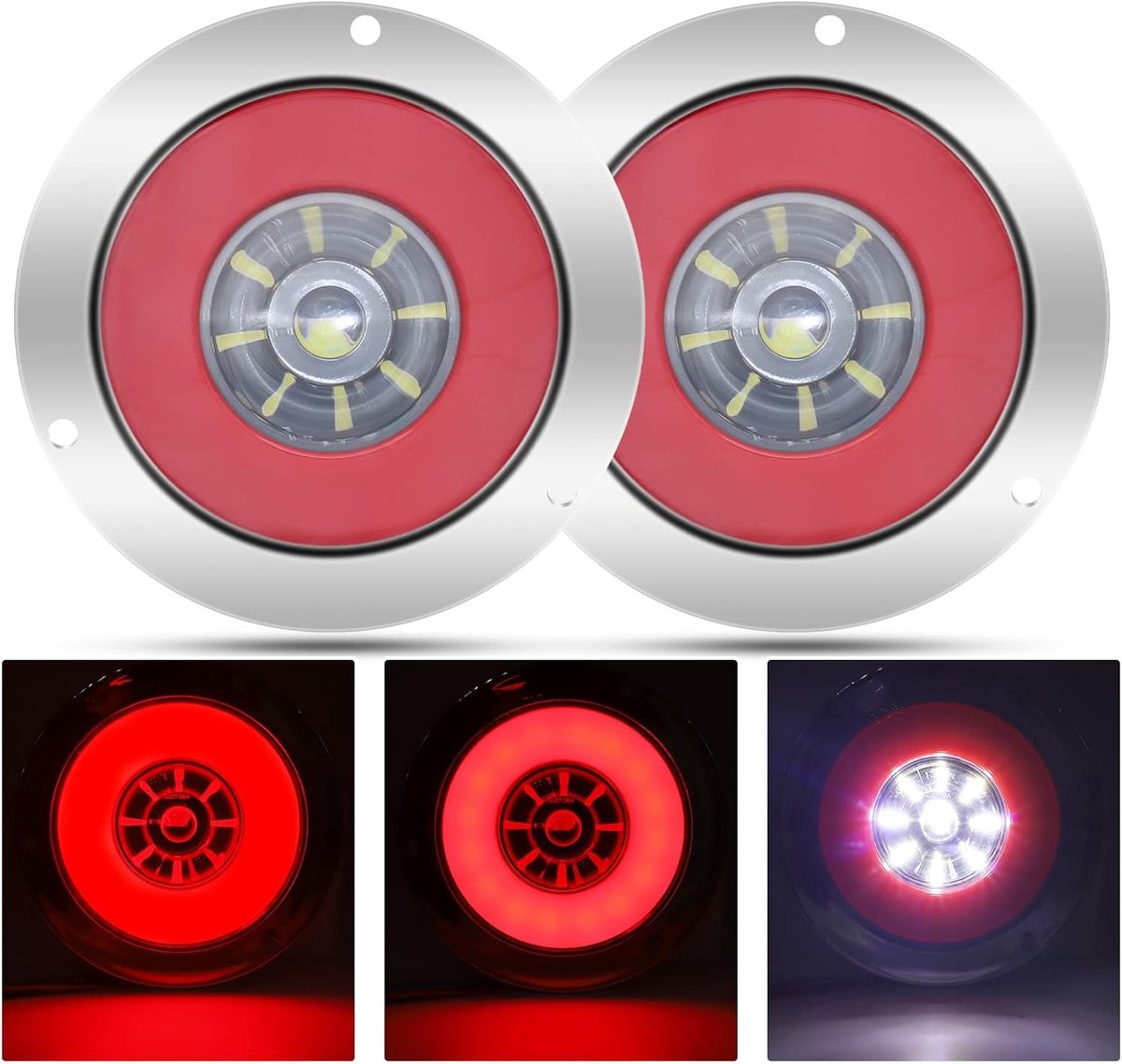 24-LED Achterlichten voor Truck, Trailer en Camper - Rood/Wit Bi-Color Ronde Rem- en Achterlichten met Chroomafwerking, Set van 2