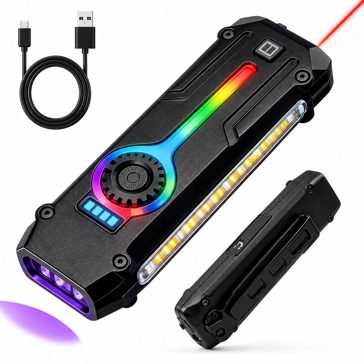 Tolvia EDC Zaklamp & Werklamp Oplaadbaar - 1800 Lumen LED - UV Licht - Rode Laser - Magnetisch - Traploos Dimbaar - USB-C - COB Zijlicht - IPX6 Waterbestendig - Zwart