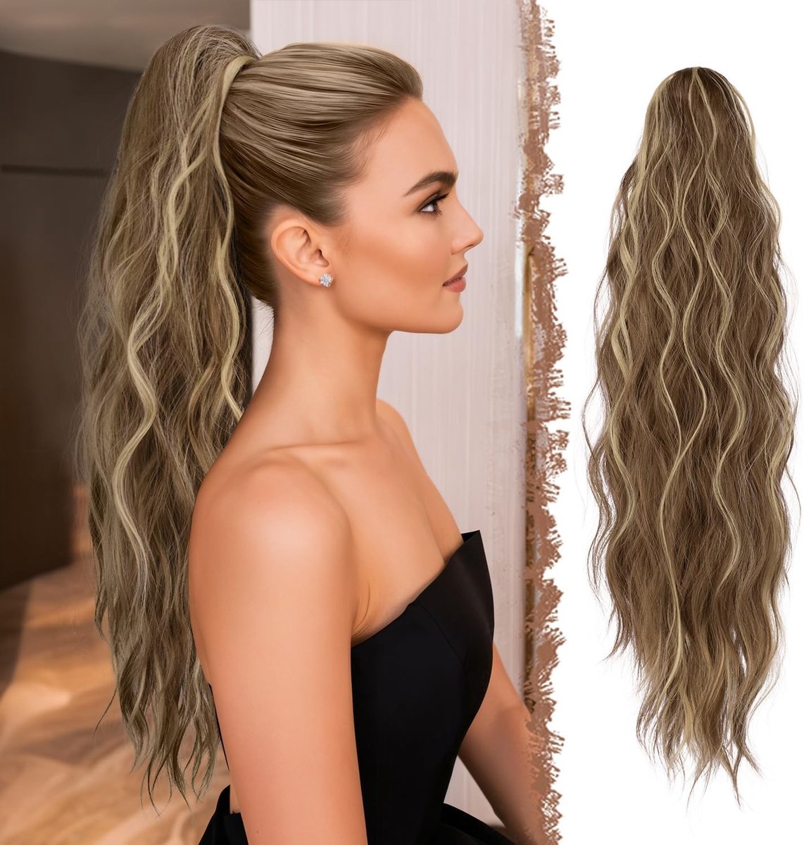 Langgolvende Ponytail Extensions met Klem - 63 cm Synthetisch Haar in Lichtbruin en Blond voor Vrouwen, Perfect voor Feestjes en Dagelijks Gebruik