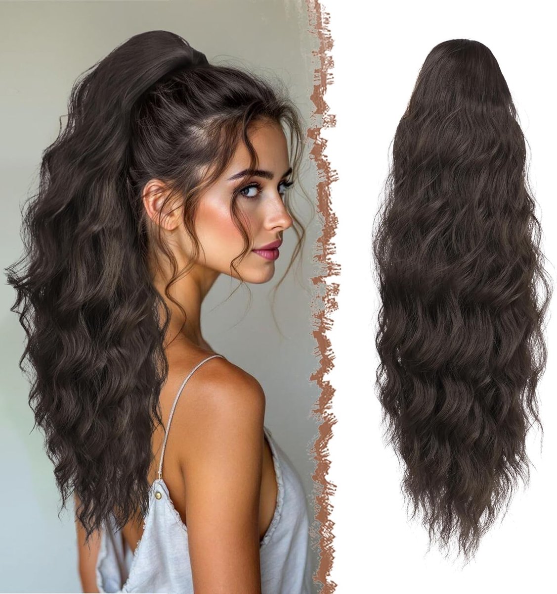 Lang Krullend Ponytail Haarstuk met Kam - Donkerbruin Synthetisch Haar - 60 cm Haarextensions voor Vrouwen, Perfect voor Feestjes en Dagelijks Gebruik