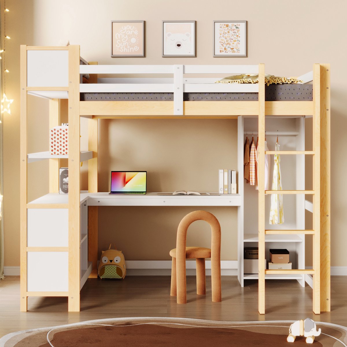 Wishdor Hoogslaper 140x200 cm - Met bureau en opbergruimte - Inclusief kledingkast en planken - Minimalistisch - Kinderkamer - Hout en MDF - Natuurlijk