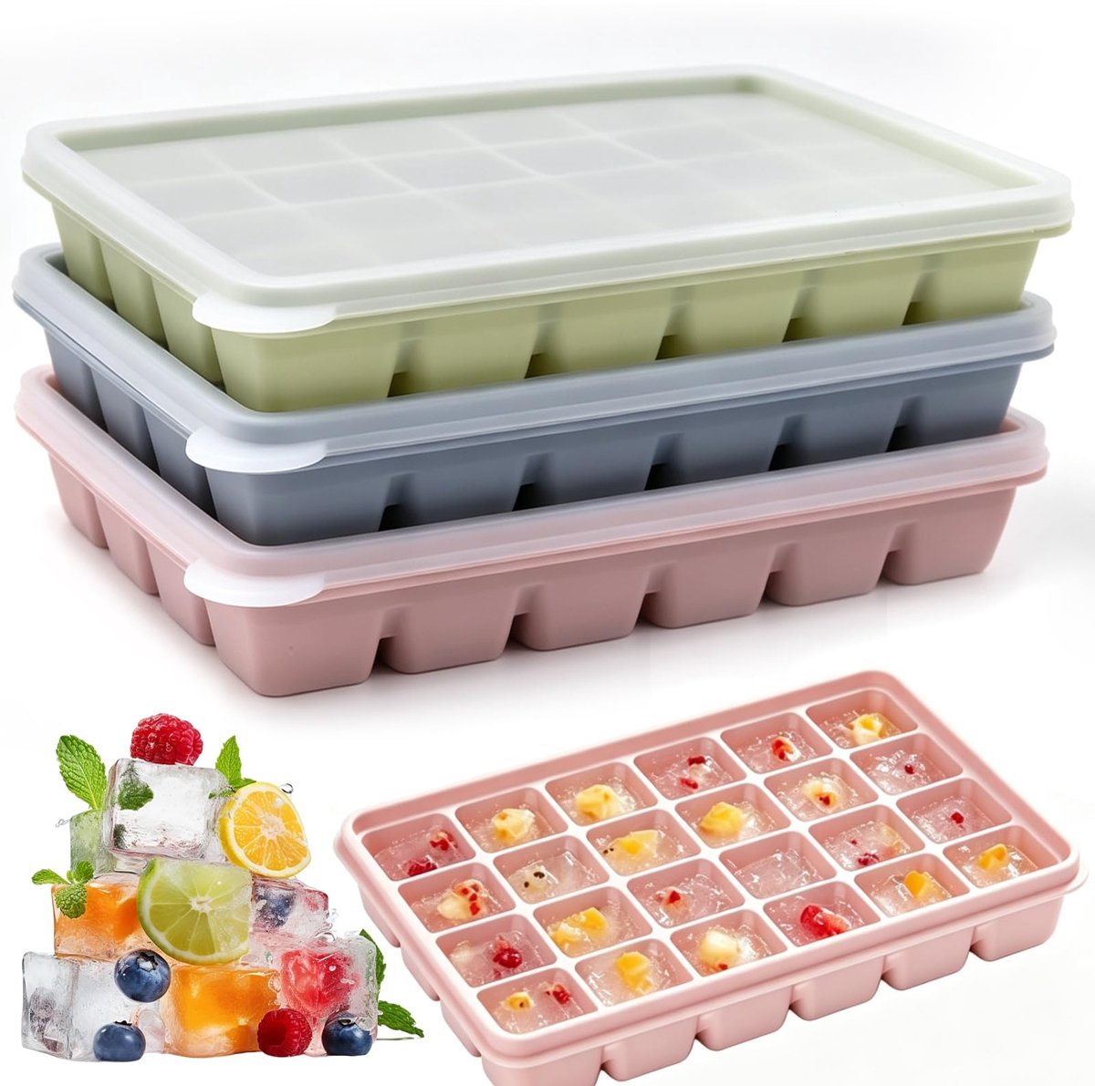 IJsblokjesvorm 3 pack - siliconen mallen met deksel - makkelijk te verwijderen - perfect voor gekoelde dranken - ShopVlot