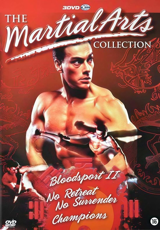 3DVD The Martial Arts Collection met Jean-Claude Van Damme in een rode, gedetailleerde achtergrond. Bevat Bloodsport II, No Retreat No Surrender, Champions.
