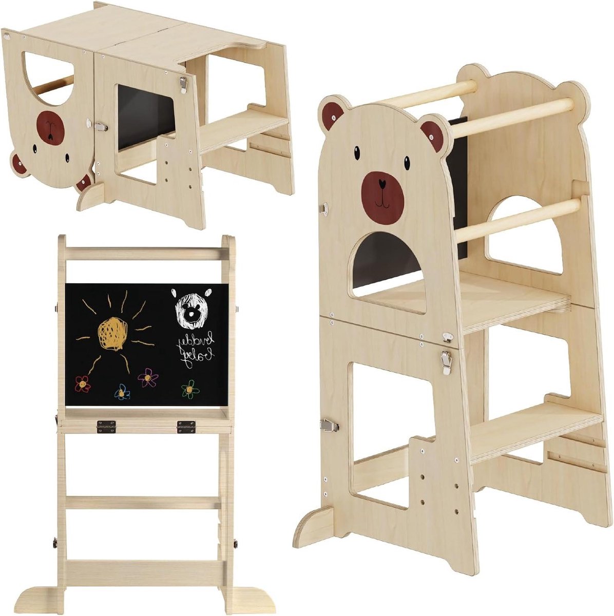 Leertoren Kinderen - Houten Keuken Hulp - Zelfstandig Leren - Inklapbaar Bureau - 90cm Diep - Houtkleurig