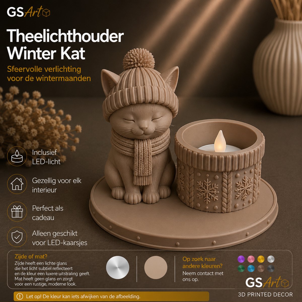 GSArt Theelichthouder Winter Kat – Inclusief LED-kaarsje - Mat Lattebruin