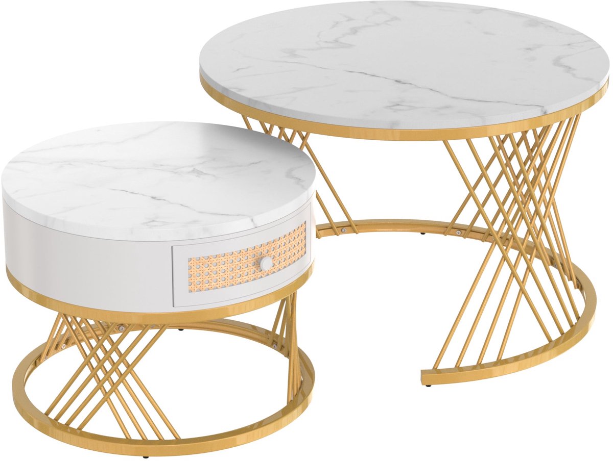 Merax Ronde Salontafelset 2-delig - 70 cm en 50 cm - Marmerlook - Lade met Rotanlook - Goudkleurig Metalen Onderstel - Wit en Goudkleurig