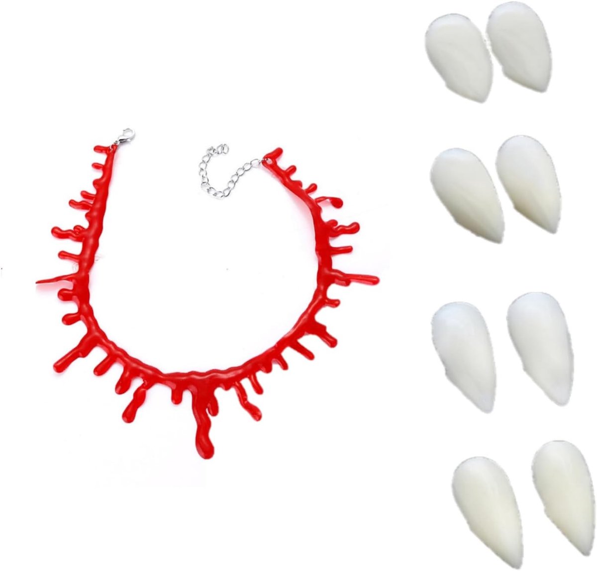 Vampieraccessoires: 5-delige set met bloeddruppelketting en 4 paar vampiertanden voor Halloween en cosplay feestjes, plastic