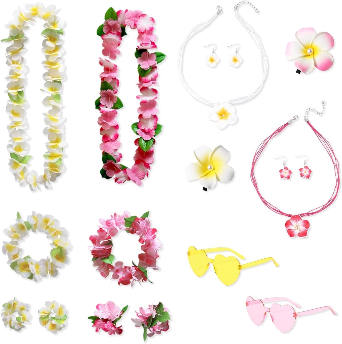 Halsketting met Hawaii Bloemen, 14-delige Set met Accessoires voor Vrouwen, Perfect voor Feestjes, Kostuums en Thema-avonden met Armbanden, Haarband, Zonnebril en Oorbellen