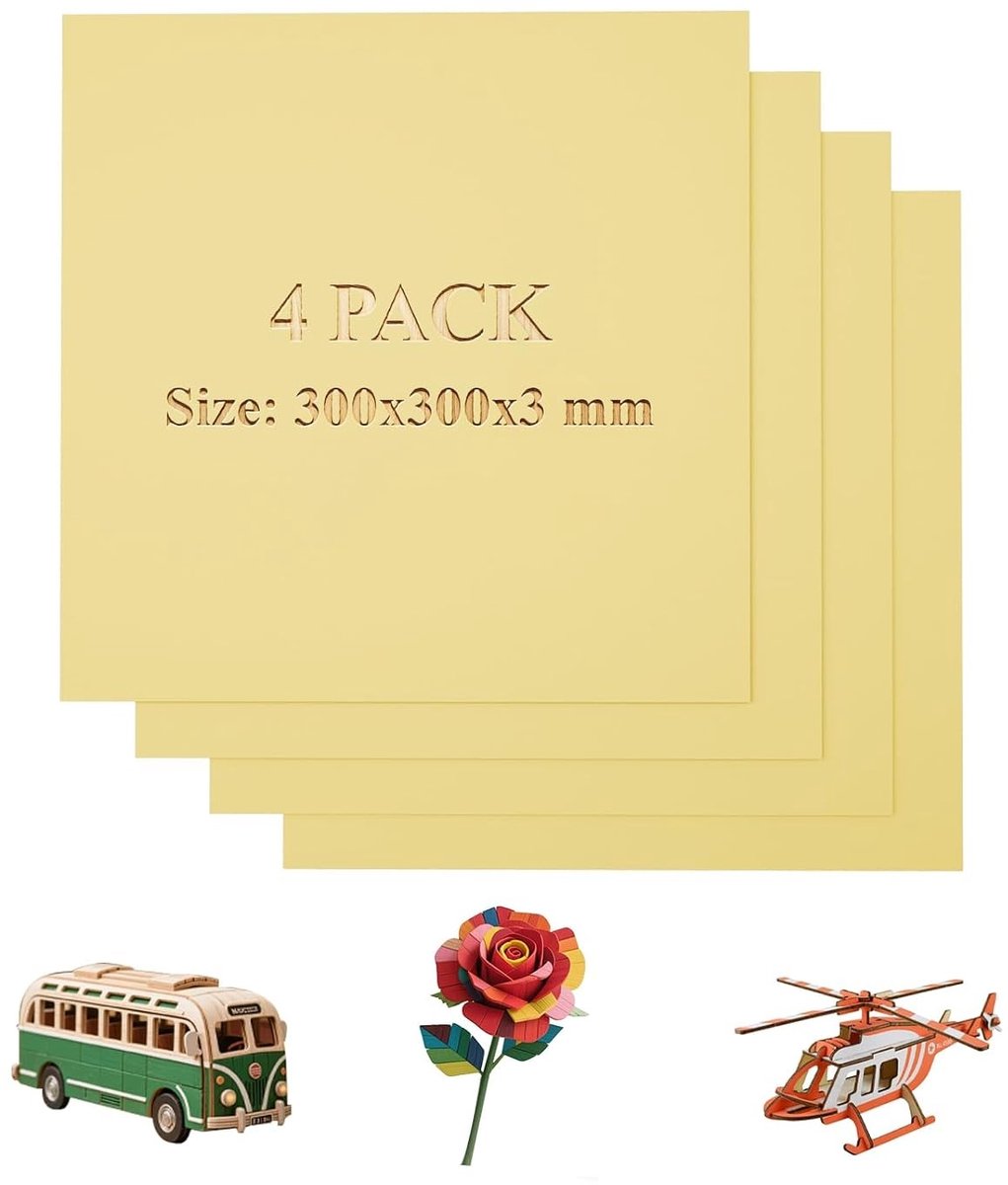 Kleurige 3mm Plywood Platen, Set van 4 Stuks 300 x 300 mm voor Lasergravure, Modelbouw en DIY Creaties, Dun Hout voor Houtbranden en Ambachten
