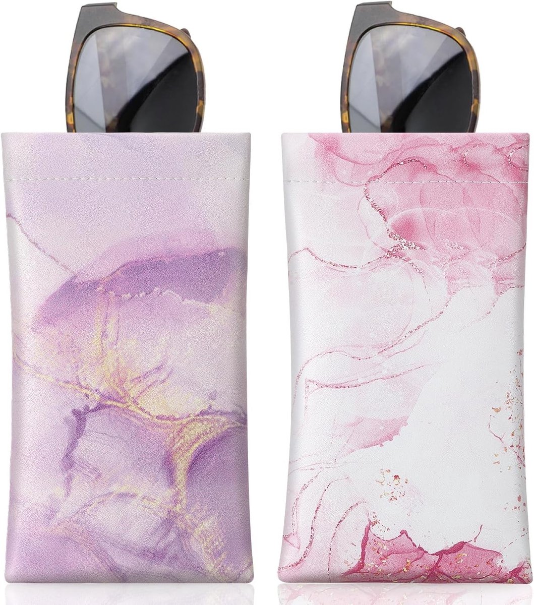 Draagbare en zachte zonnebrilhoes (2-pack) met antikrasbescherming, inclusief schoonmaakdoek voor heren en dames, lichtpaars marmer + lichtroze marmer