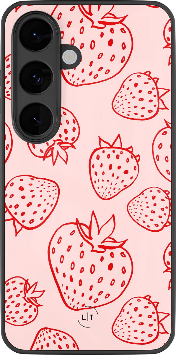 Hoesje geschikt voor Samsung Galaxy S26 - Aardbei - Luxe Glazen Hardcase - Print / Illustratie - Roze
