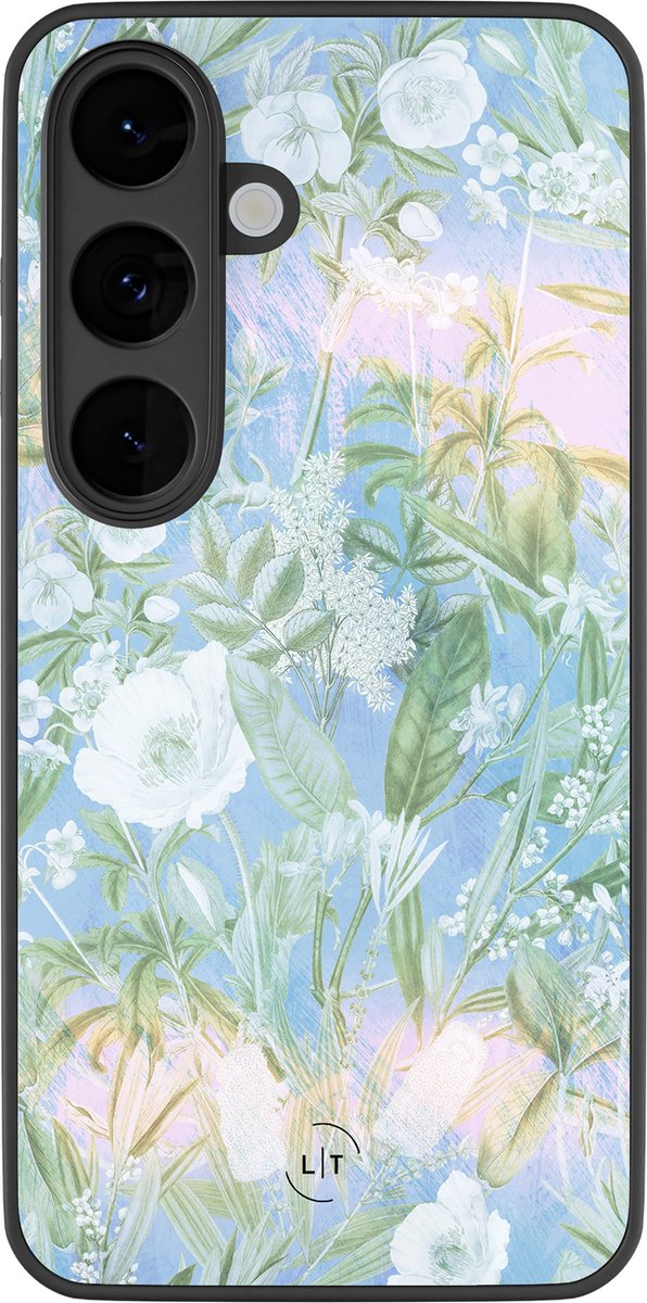 Hoesje geschikt voor Samsung Galaxy S26 - Bright summer - Luxe Glazen Hardcase - Bloemen - Blauw