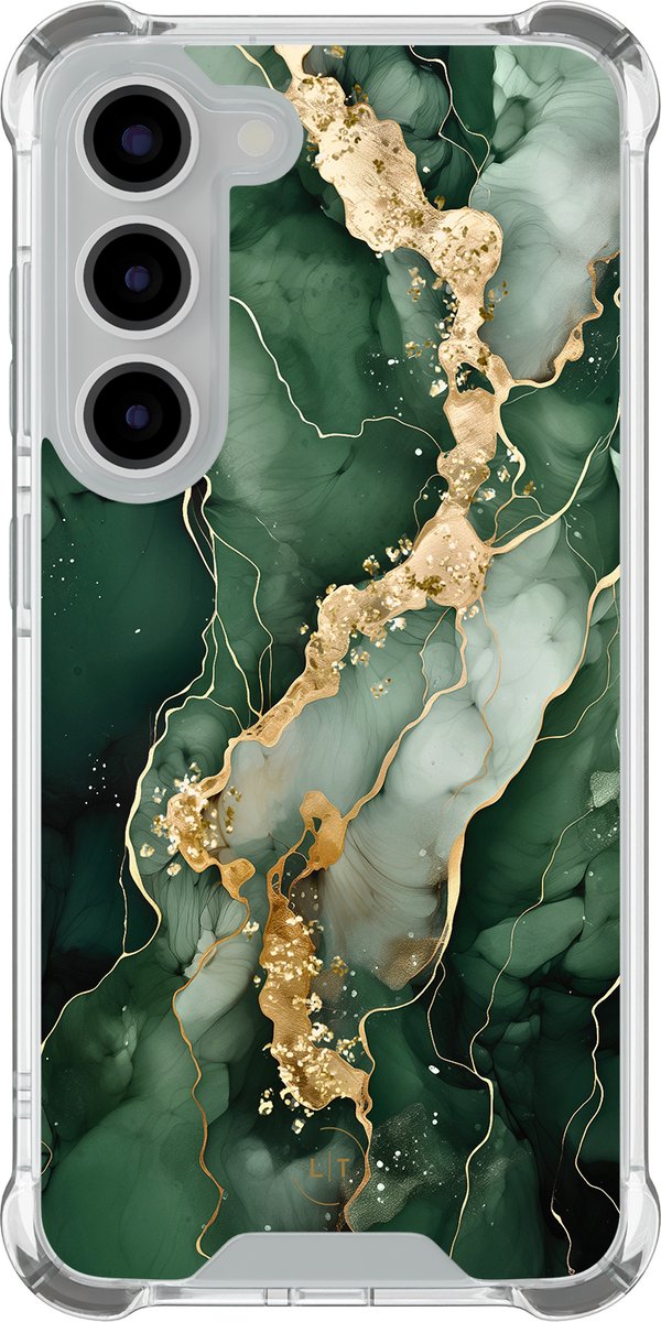 Shockproof hoesje - Geschikt voor Samsung Galaxy S23 - Marmer groen goud - Extra sterke case - TPU/polycarbonaat - Marmer - Groen, Goud, Transparant
