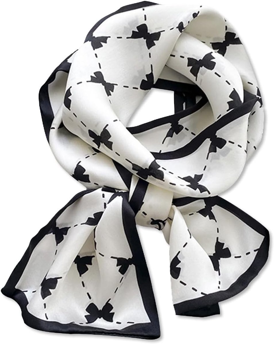 Dames Skinny Zijde Sjaal met Paisley Print en Streepjespatroon - Lichtgewicht Neckerchief en Haarband in Zwart en Wit