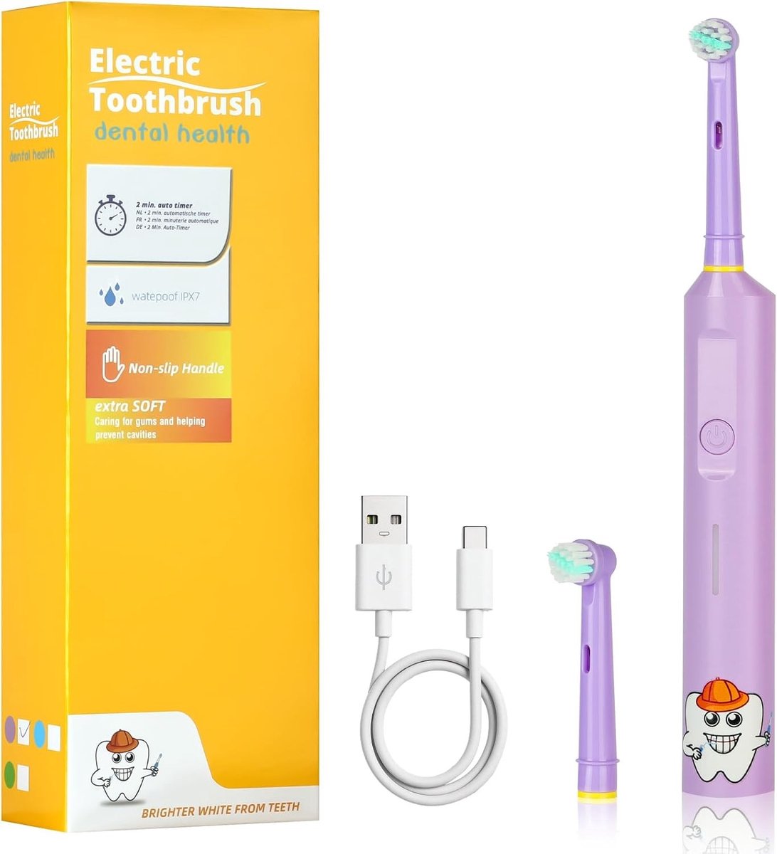 Elektrische tandenborstel voor kinderen vanaf 5 jaar, met 2 opzetborstels, waterdicht en reisdoos, 3 poetsstanden voor optimale mondverzorging, Roze