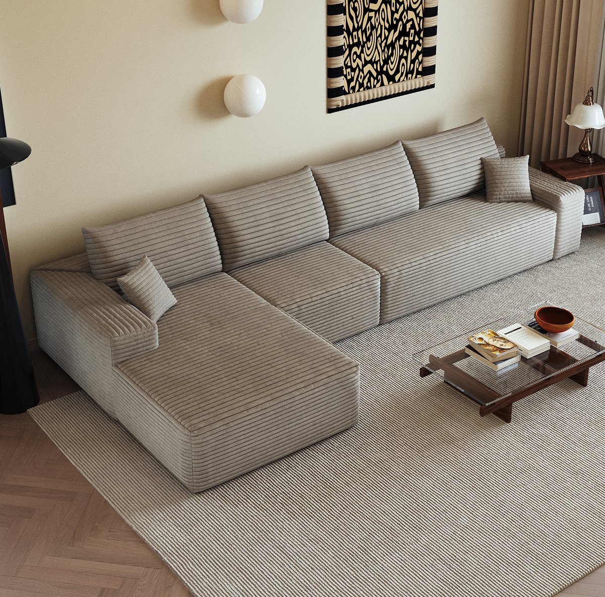 DESMIU Bank - Hoekbank 340 Cm - L-Vormige Chaiselongue Met Zachte Foamvulling En Zonder Montage - Voor Woonkamer, Slaapkamer En Appartement - Stof - Camel