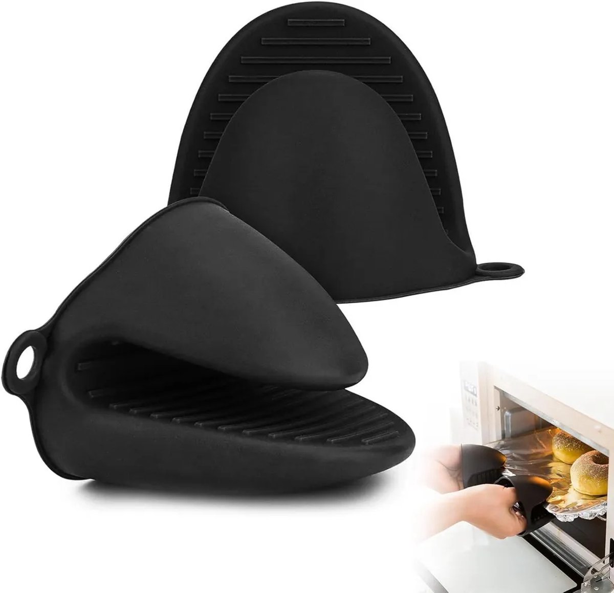 Een paar verdikte siliconen keukenhandschoenen, hittebestendig en antislip, Geschikt om te koken/grillen, zwart.