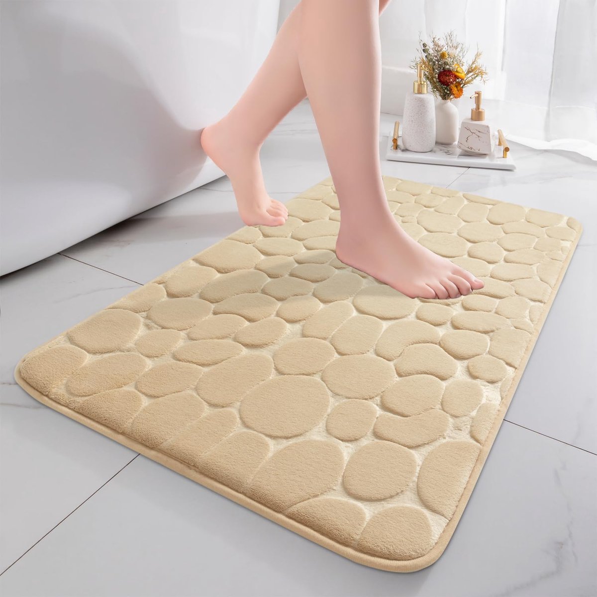Badmat memoryschuim 43 x 61 cm - donkerbeige - absorberend - antislip voor douche - ShopVlot