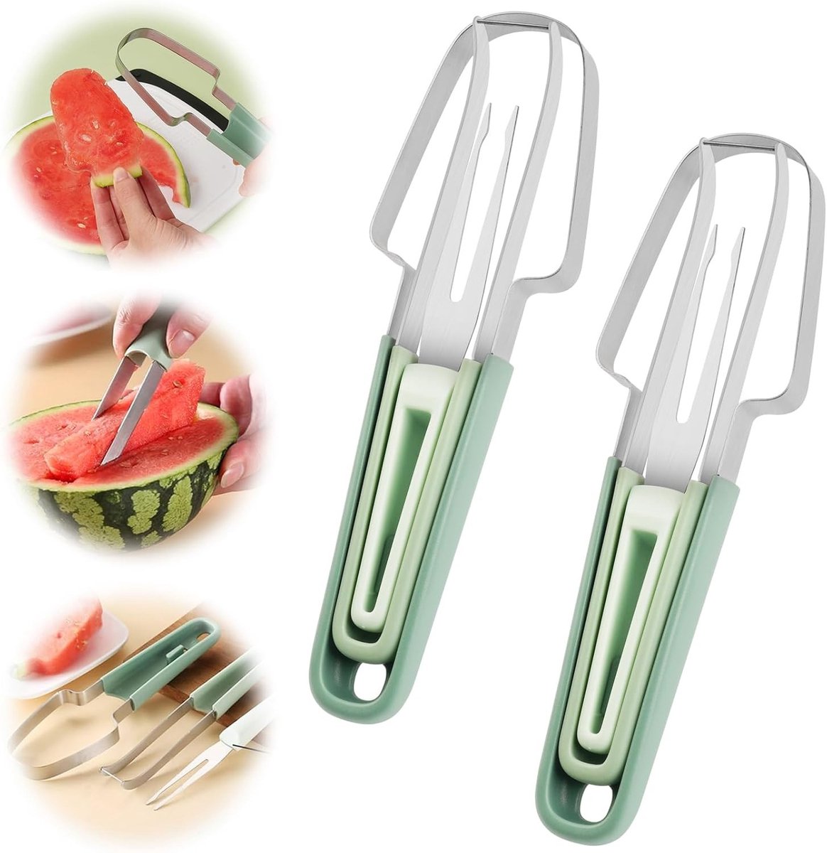 3-in-1 RVS Fruit Cutter Set - Watermeloen Snijgereedschap met Fruitvork en Snijmes - Ideaal voor Meloen en Fruit