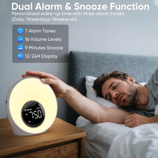 Wake-up Light - Zonsopgang Alarm - Rustig Ontwaken - 30 Natuurlijke Geluiden - 16 Lichtniveaus - Wit — afbeelding 4