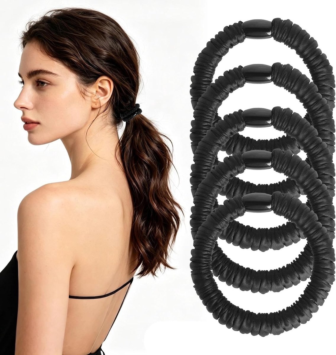 Set van 5 Zijden Haarelastieken, Zwarte Satijnen Scrunchies voor Vrouwen, Ideaal voor Slaap, Sport en Dagelijks Gebruik